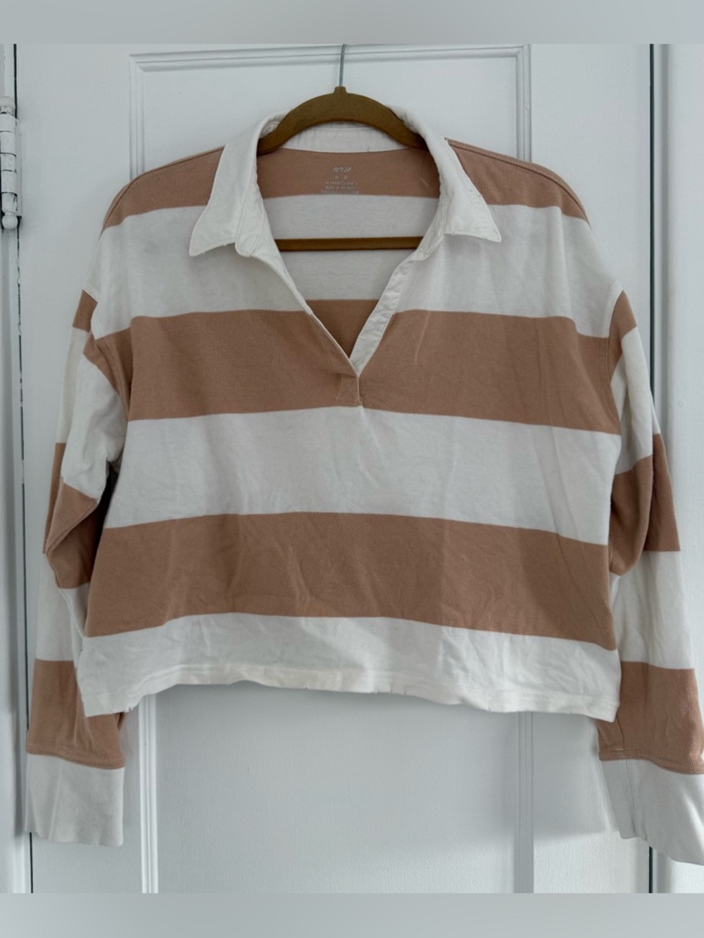 aerie Beige and White Striped Long Sleeve Polo Top